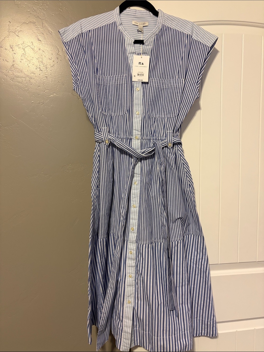 Frame Denim Blue Stripe Midi Shirtdress with Belt